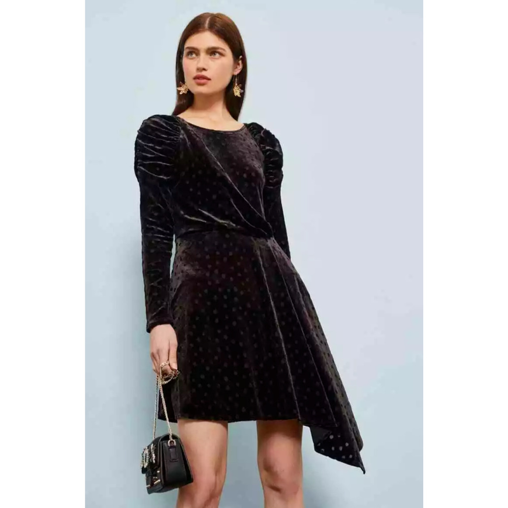 NWT Topshop‎ Black Burnout Velvet Polka Dot Asymmetrical Dress US 10 Gothic